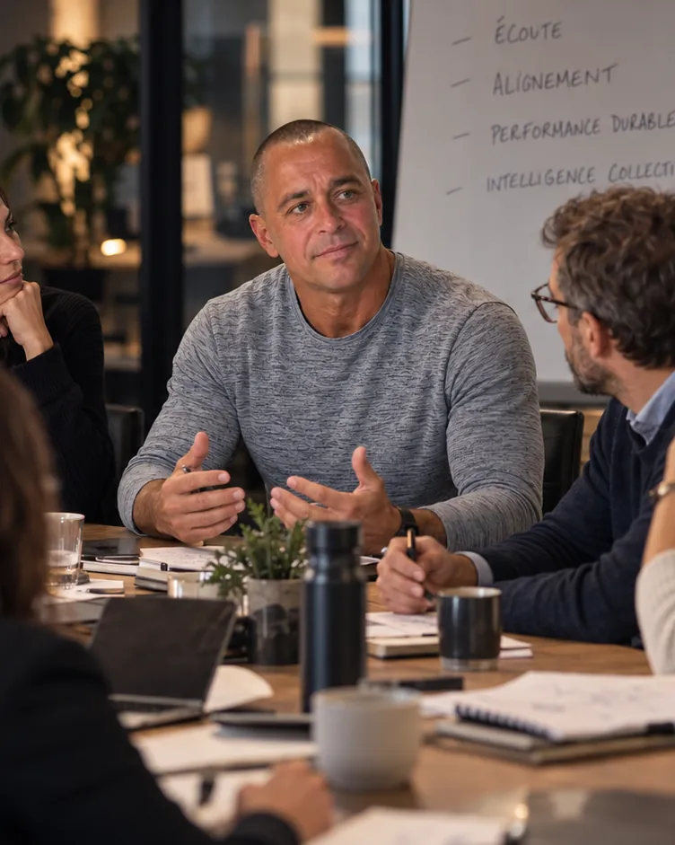 Roland Renaville en échange avec une équipe autour d’une table