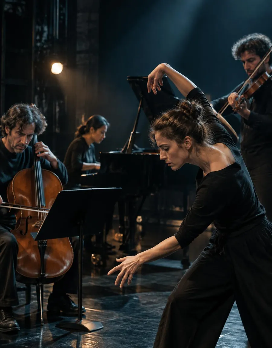 Une danseuse et des musiciens en répétition sur scène